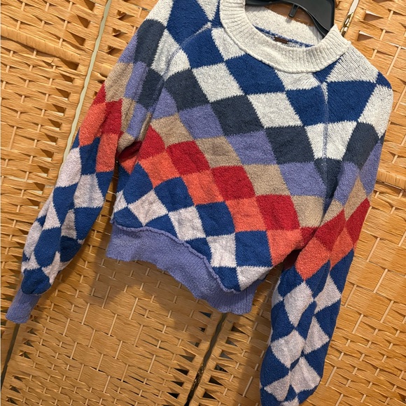 Free People Cozy Multi-Color Argyle Crewneck Sweater - Blue, Red, Purple - Picture 2 of 5